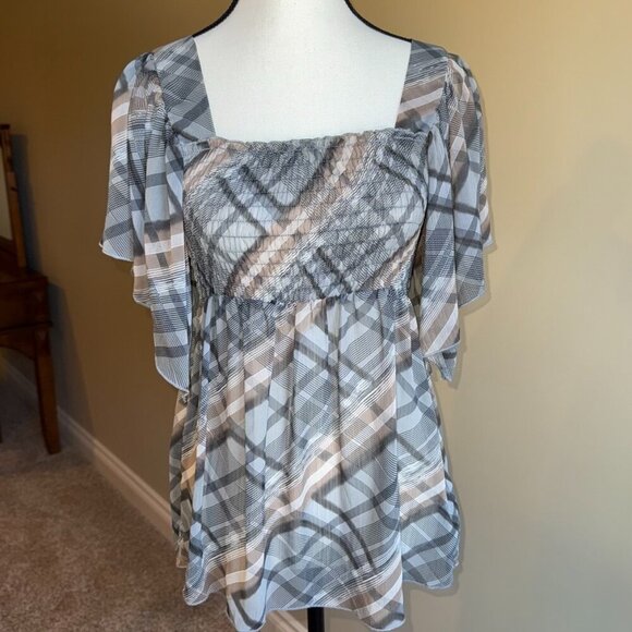 Reitmans brown black white plaid peasant bohemian shirt top flutter sleeve - Picture 1 of 11